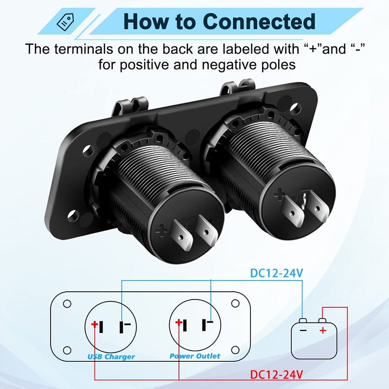 ELECTOP Cigarette Lighter Socket Outlet Splitter, 12V USB Outlet USB Charger 12 Volt Socket Power Outlet with LED, Waterproof Power Socket Panel Adapter DIY Kit Dual USB Ports for Car Boat Marine RV - Image 5